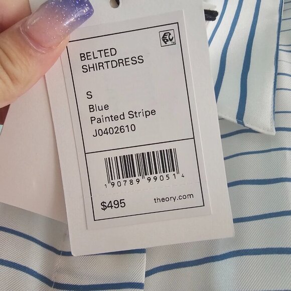 Theory Women's Blue Striped Long Sleeves Belted Silk Shirt Dress Size Small - Picture 9 of 10